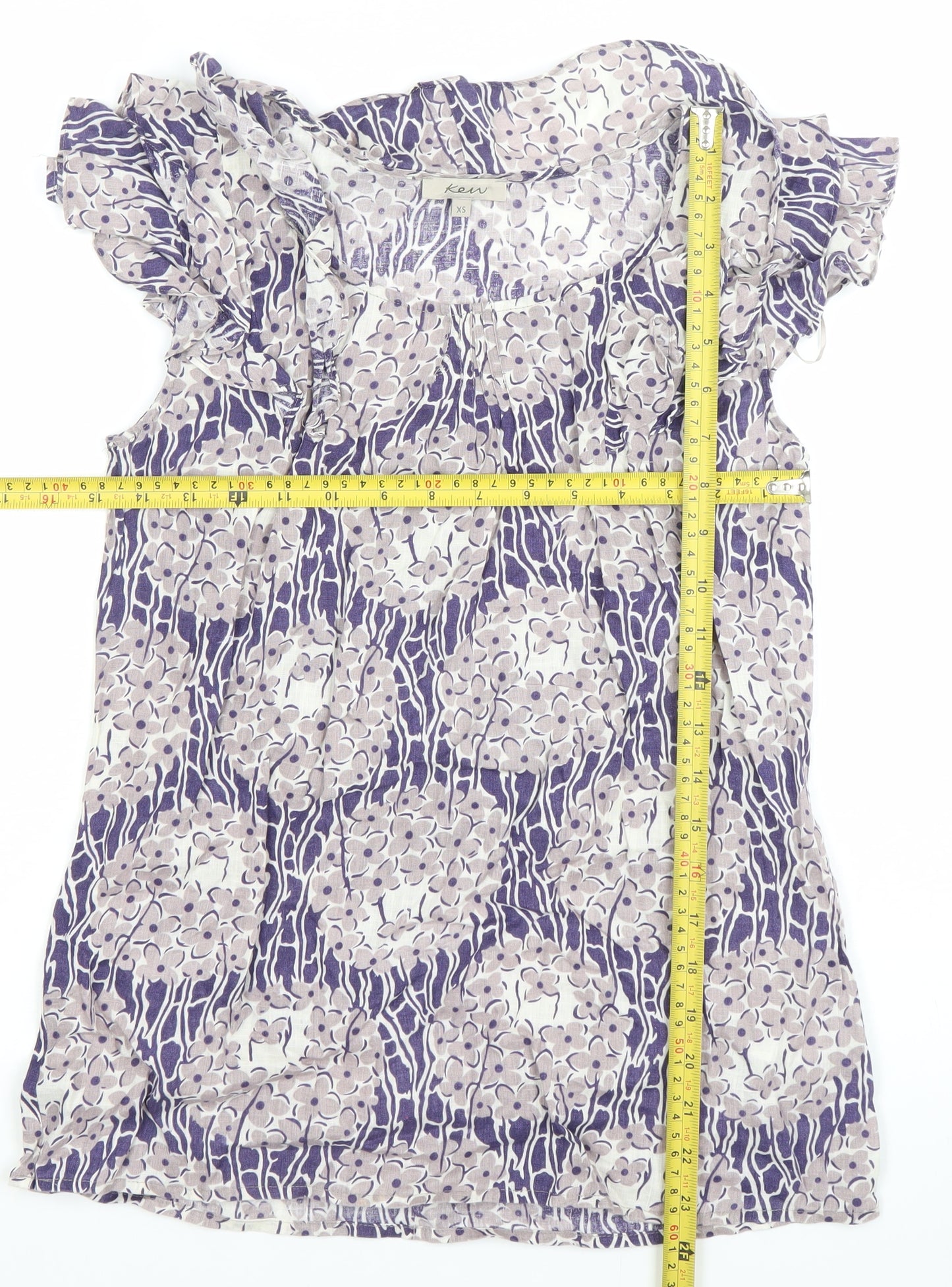 Kew Womens XS Multicoloured Linen Floral Ruffle Sleeveless Blouse
