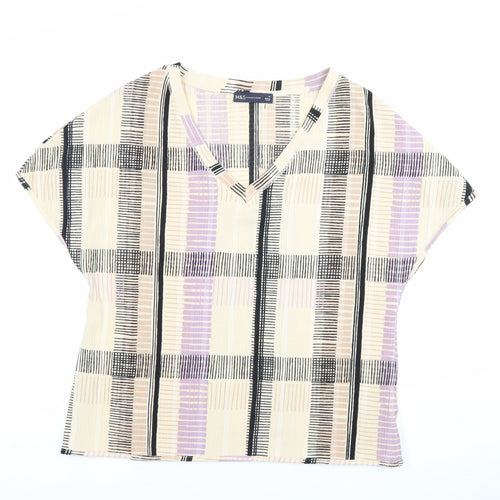 Marks and Spencer Women’s Beige Purple Check V-Neck Blouse Size 18