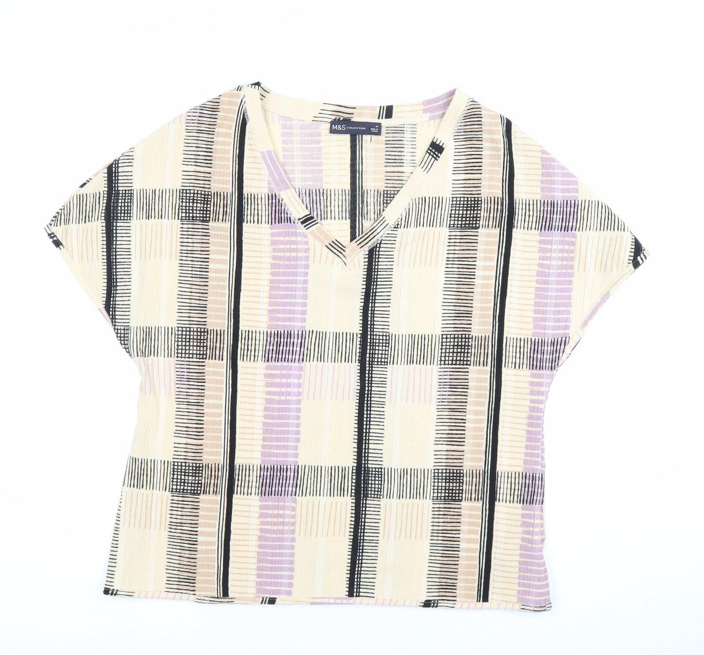 Marks and Spencer Women’s Beige Purple Check V-Neck Blouse Size 18