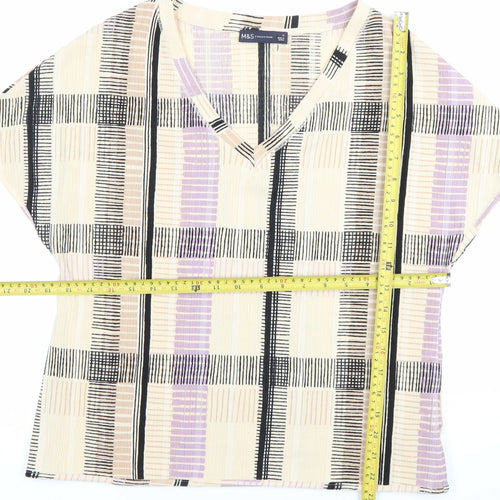 Marks and Spencer Women’s Beige Purple Check V-Neck Blouse Size 18