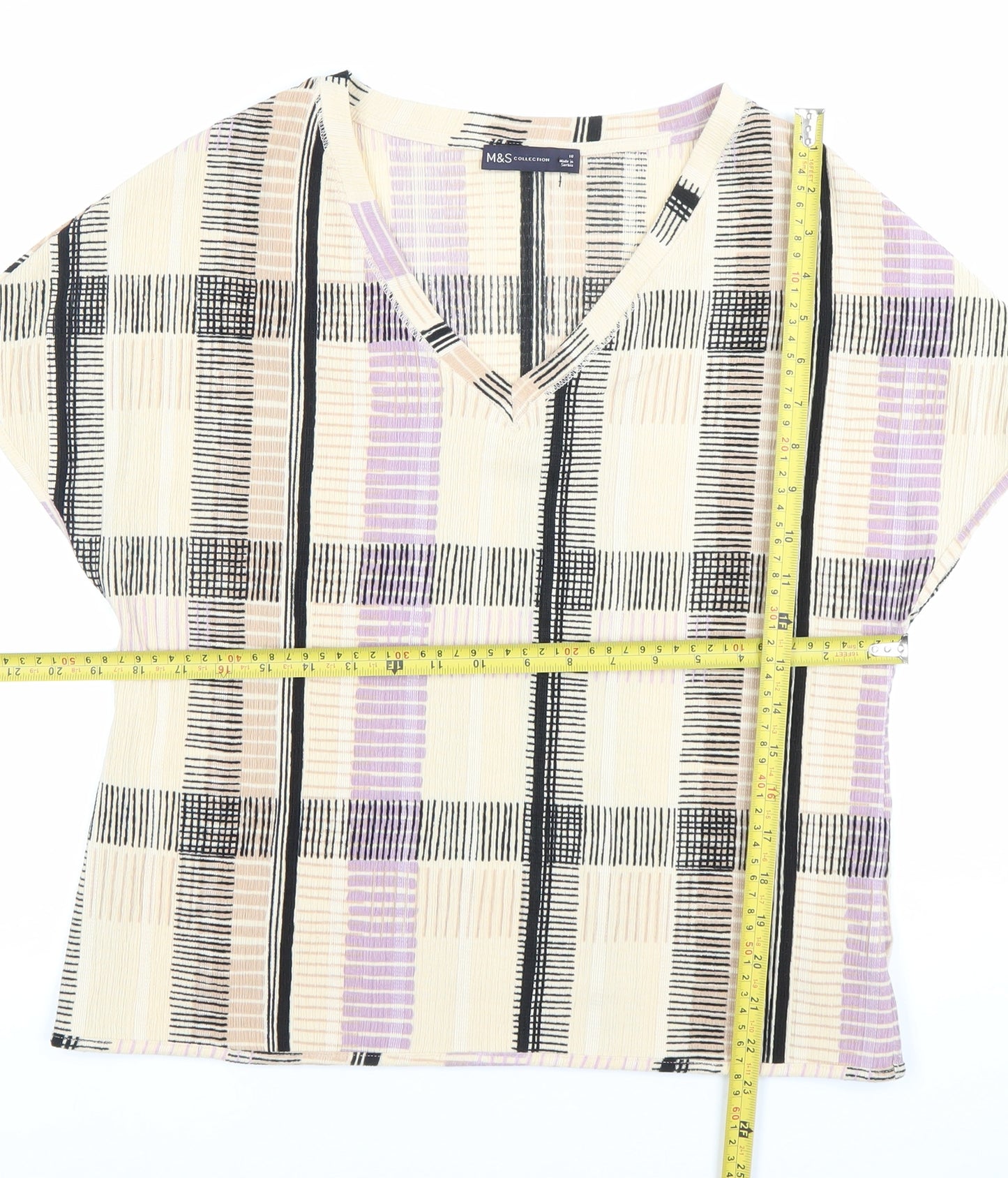Marks and Spencer Women’s Beige Purple Check V-Neck Blouse Size 18