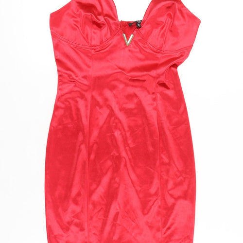 Missguided Women’s Red Bodycon Satin V-Neck Mini Dress Size 6