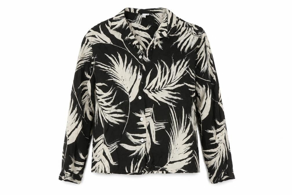 Front view of AND/OR women’s black white tropical print button-up shirt, size UK 10