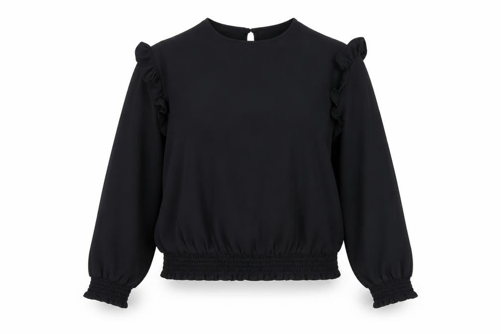 Front view of H&M Teens Black Long Sleeve Ruffle Blouse, size 14, Polyester