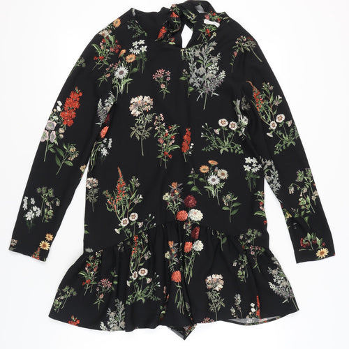 Zara Women’s Black Floral Long Sleeve Ruffle Hem Playsuit Size 8