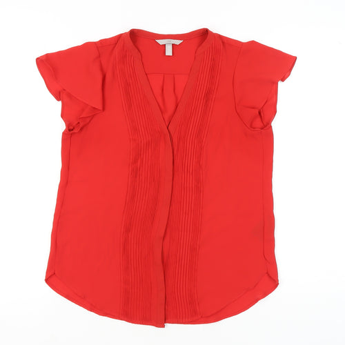 H&M Women Red Blouse UK 10 Tunic Pleated V-Neck Short Sleeve