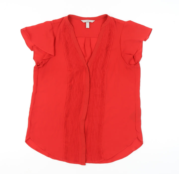 H&M Women Red Blouse UK 10 Tunic Pleated V-Neck Short Sleeve
