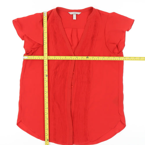 H&M Women Red Blouse UK 10 Tunic Pleated V-Neck Short Sleeve
