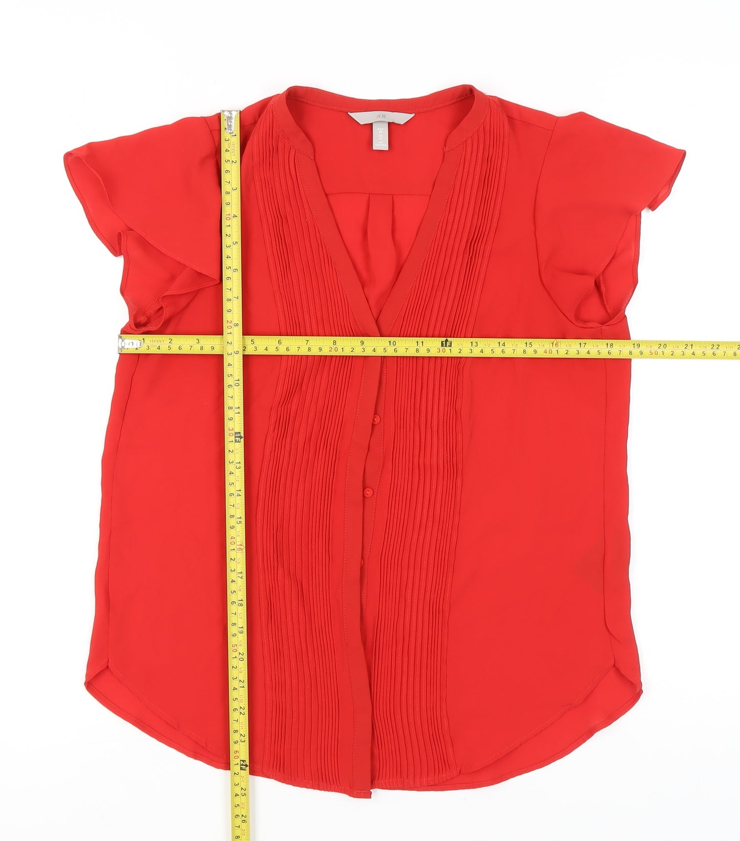 H&M Women Red Blouse UK 10 Tunic Pleated V-Neck Short Sleeve