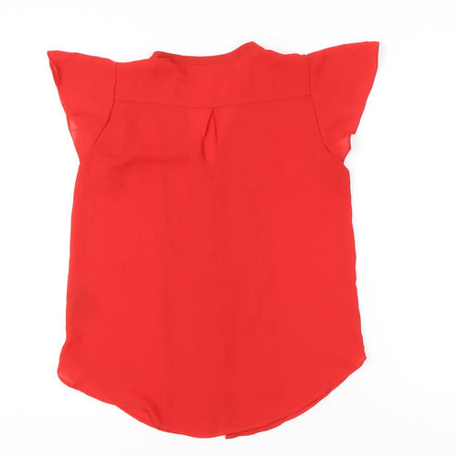 H&M Women Red Blouse UK 10 Tunic Pleated V-Neck Short Sleeve