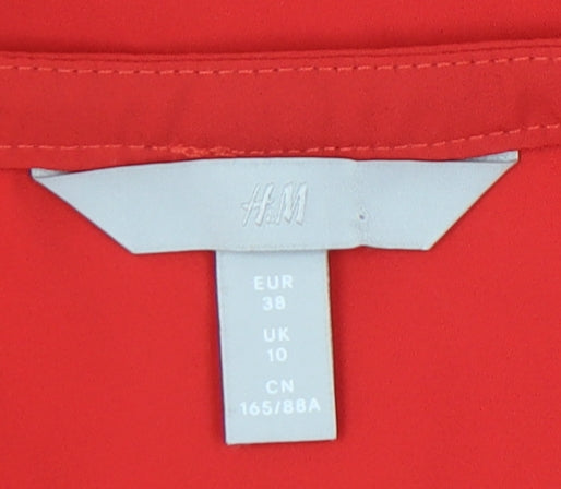 H&M Women Red Blouse UK 10 Tunic Pleated V-Neck Short Sleeve