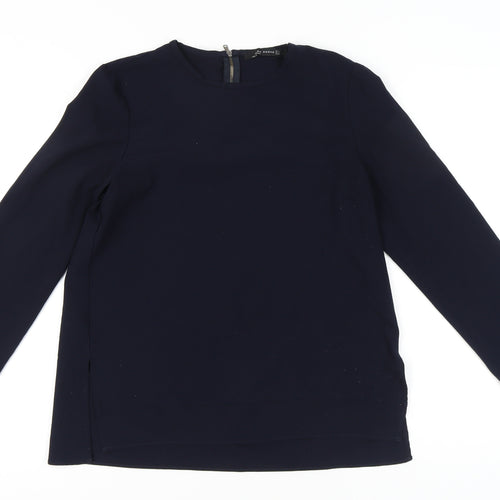 Zara Woman Navy Blue Blouse Women M Long Sleeve Crew Neck Zip