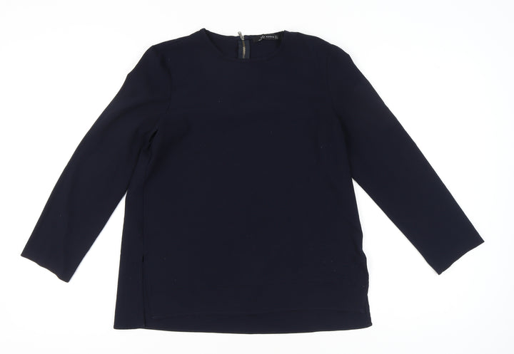 Zara Woman Navy Blue Blouse Women M Long Sleeve Crew Neck Zip