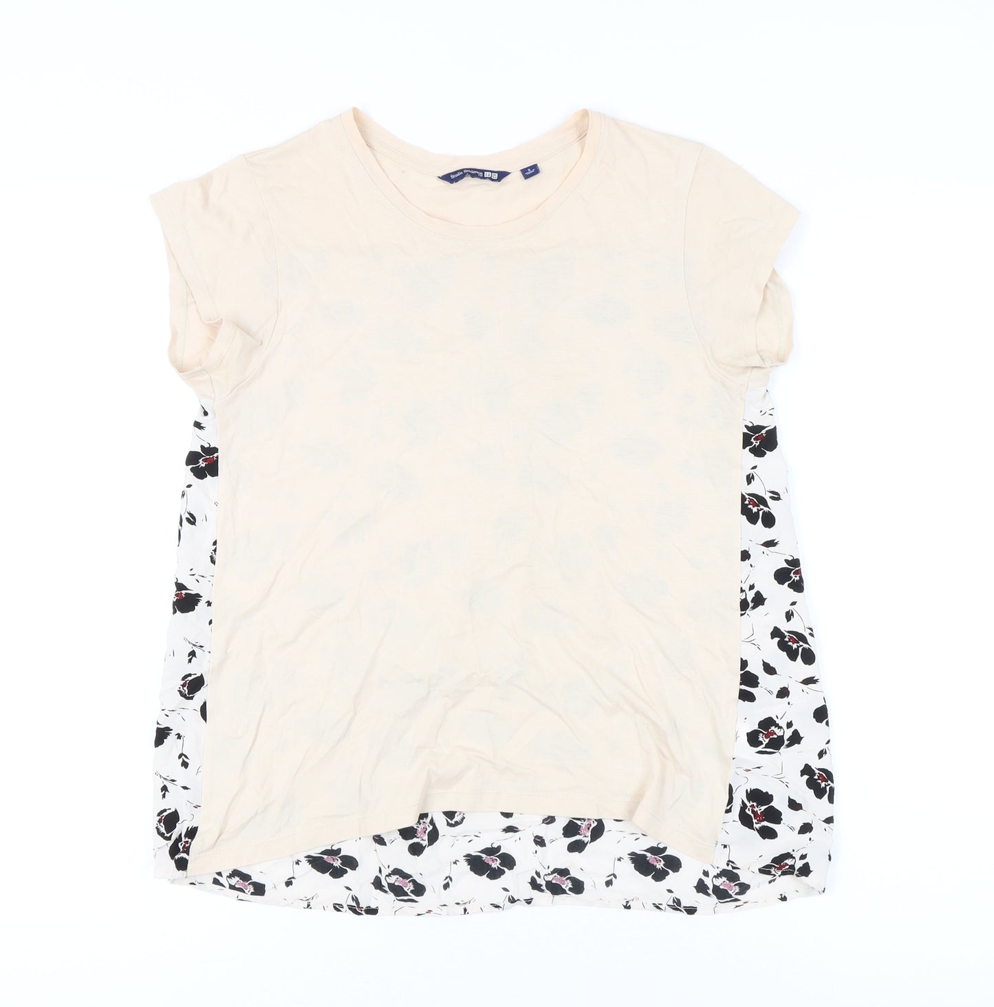 Uniqlo Women Beige Floral Back Short Sleeve T-Shirt Size S