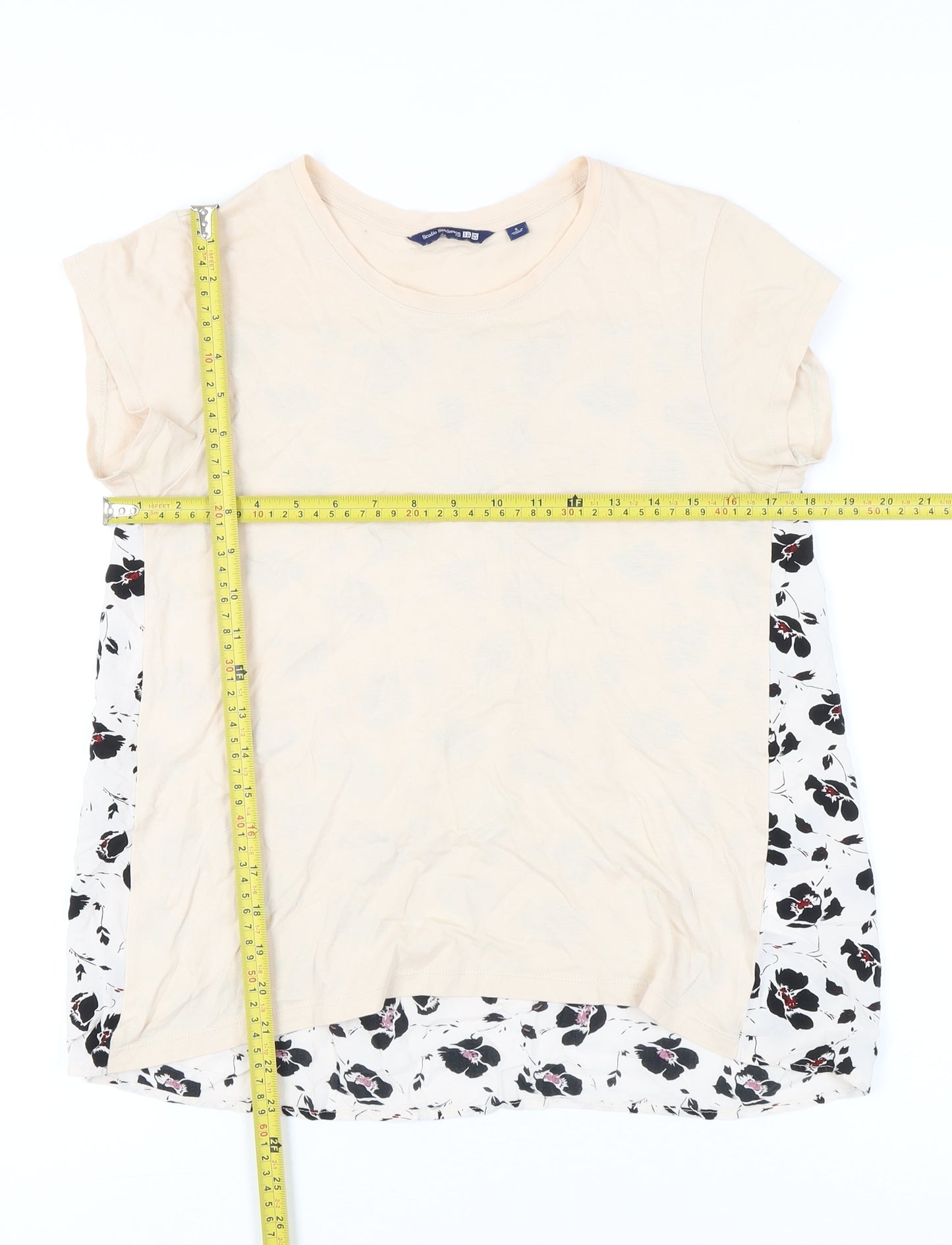Uniqlo Women Beige Floral Back Short Sleeve T-Shirt Size S