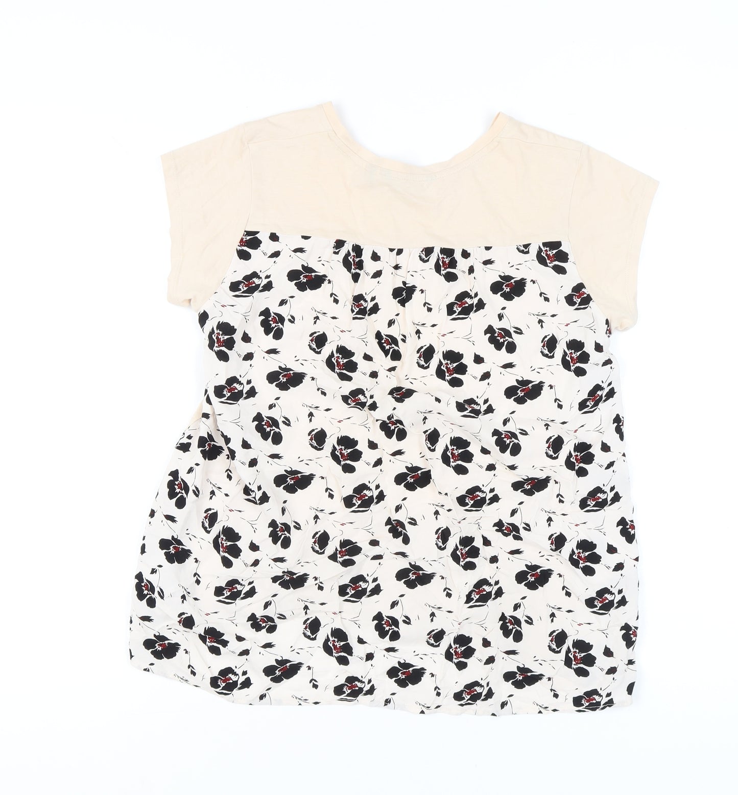 Uniqlo Women Beige Floral Back Short Sleeve T-Shirt Size S
