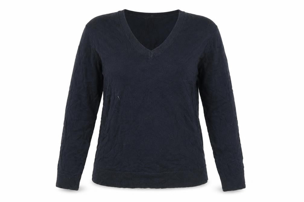 Front view of Peruvian Connection women’s black m v-neck cotton long sleeve jumper