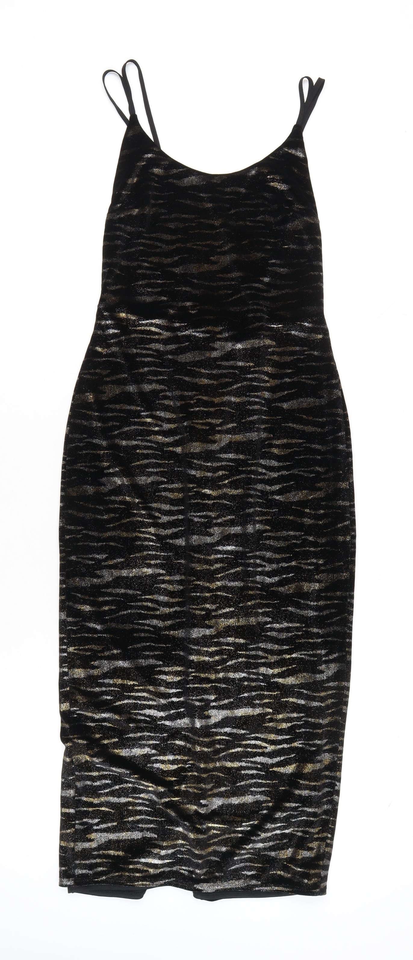 Topshop Women’s Black Gold Animal Print Bodycon Midi Dress Size 6