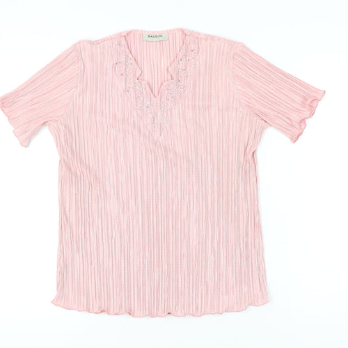 Bassini Womens Pink Embroidered Tunic Blouse Size M Short Sleeve