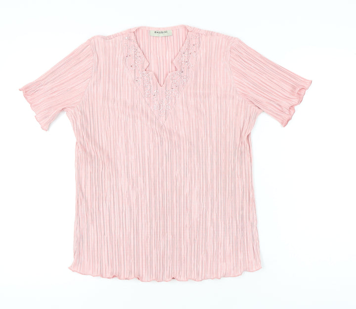 Bassini Womens Pink Embroidered Tunic Blouse Size M Short Sleeve