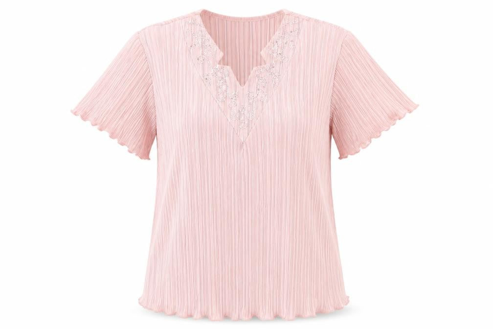 Bassini Womens Pink Embroidered Tunic Blouse Size M Short Sleeve