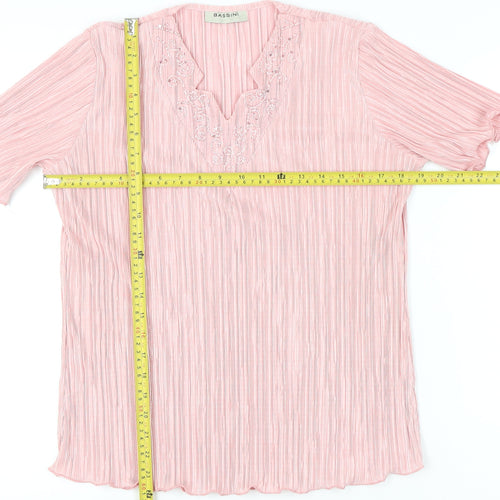 Bassini Womens Pink Embroidered Tunic Blouse Size M Short Sleeve