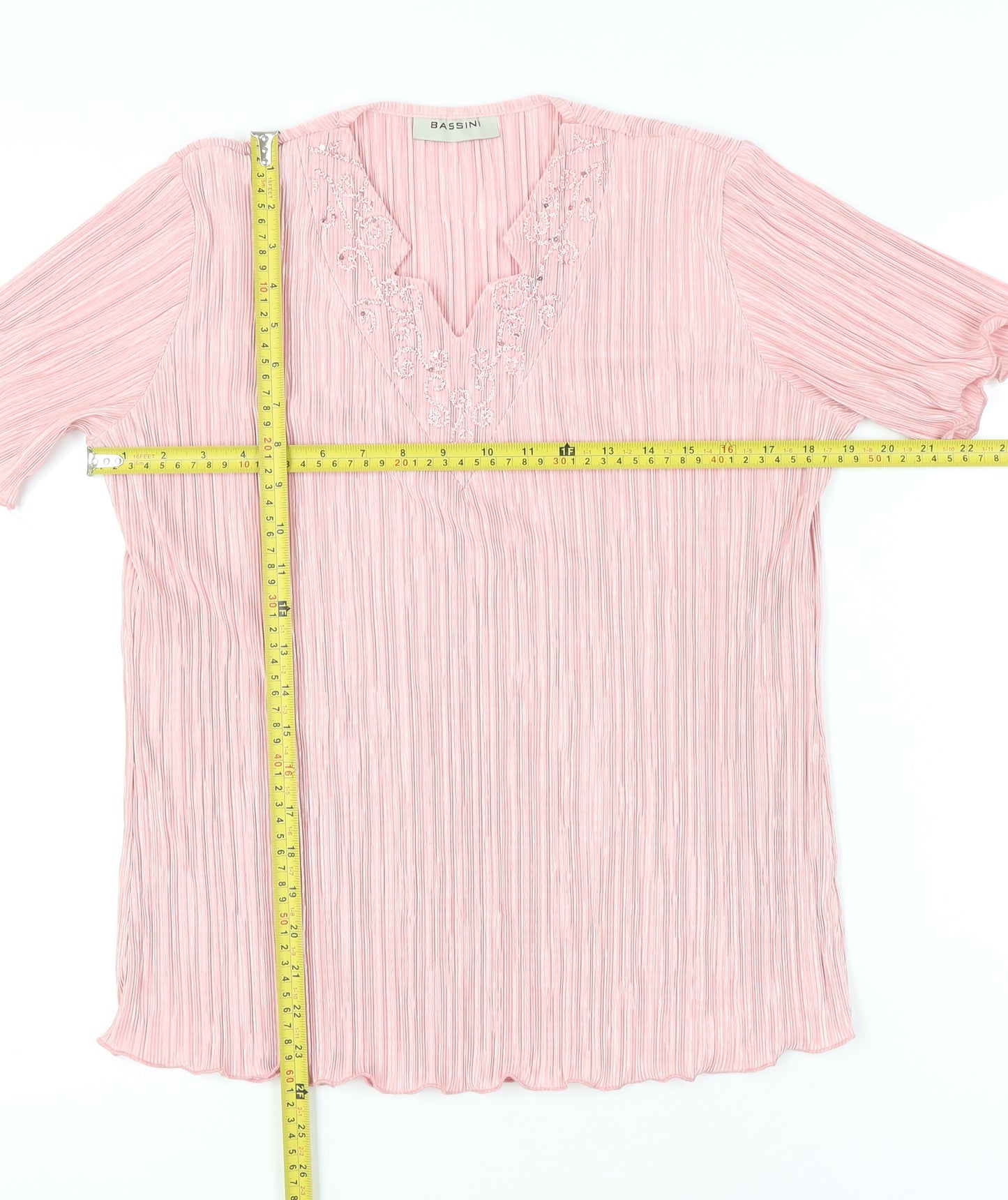 Bassini Womens Pink Embroidered Tunic Blouse Size M Short Sleeve
