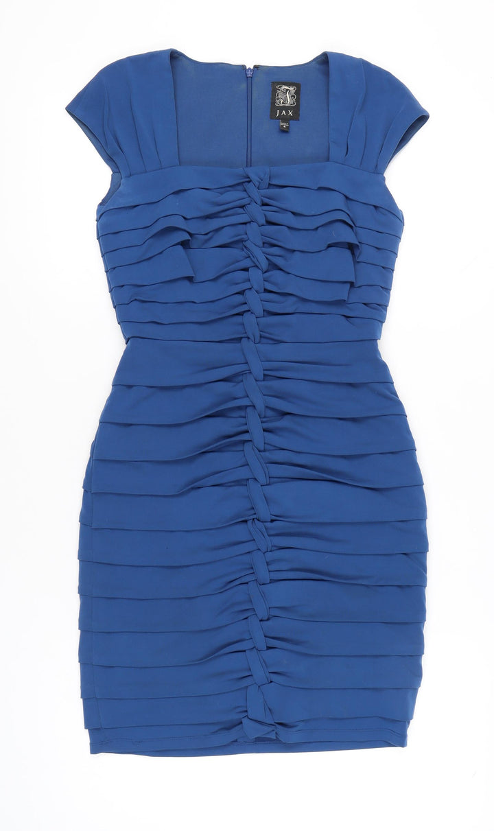 JAX Womens Blue Bodycon Ruched Short Dress Size 8 Classic Party
