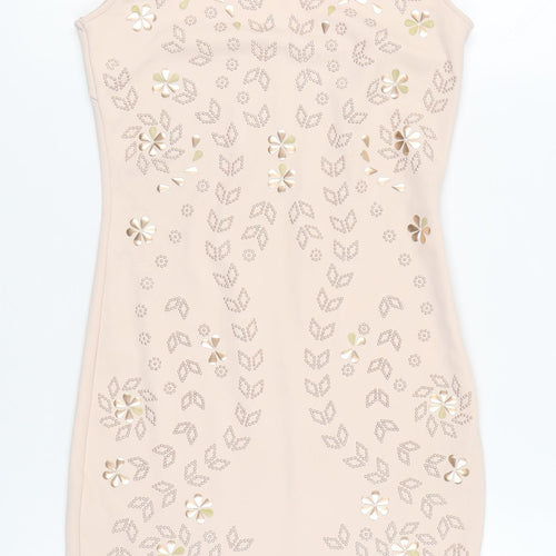 River Island Women’s Beige Bodycon Dress UK 10 Sleeveless Floral Party