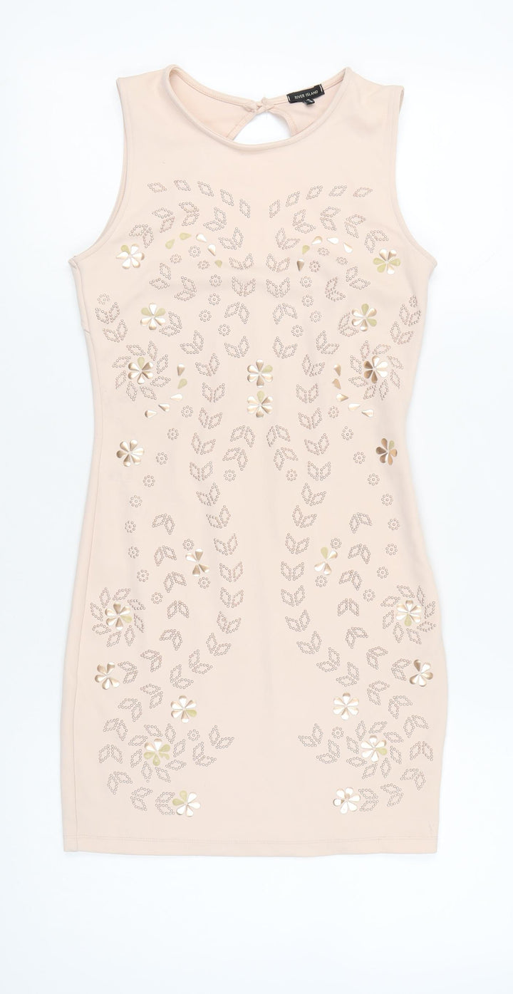 River Island Women’s Beige Bodycon Dress UK 10 Sleeveless Floral Party