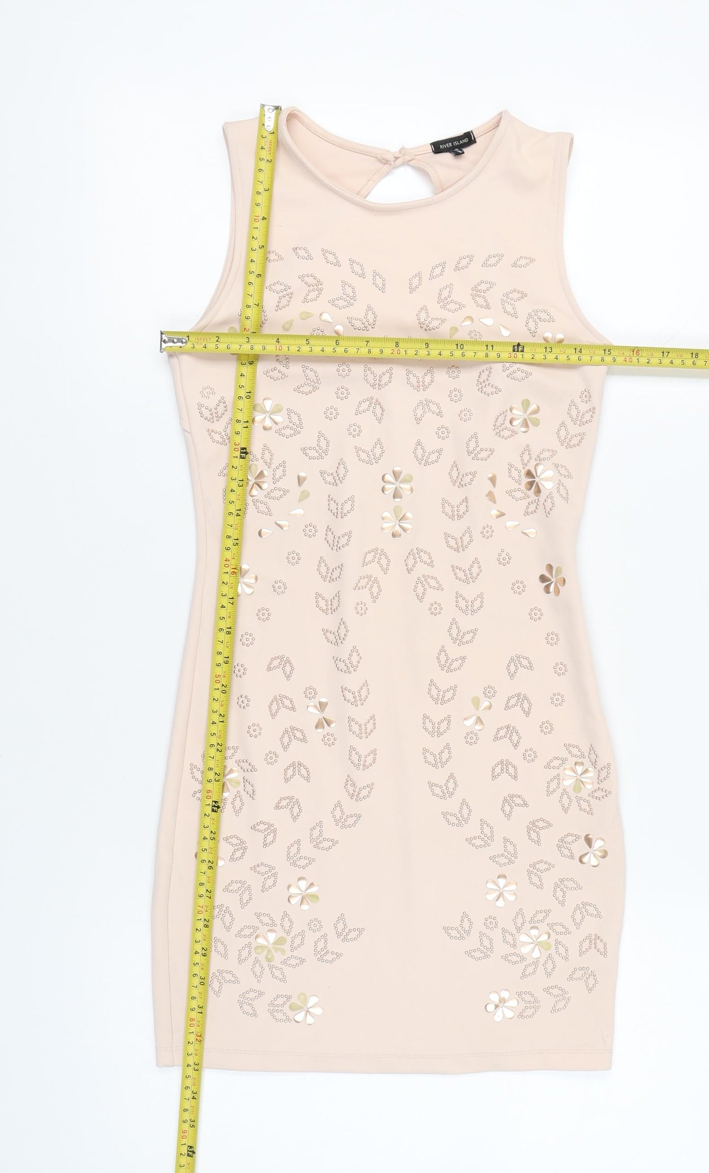 River Island Women’s Beige Bodycon Dress UK 10 Sleeveless Floral Party