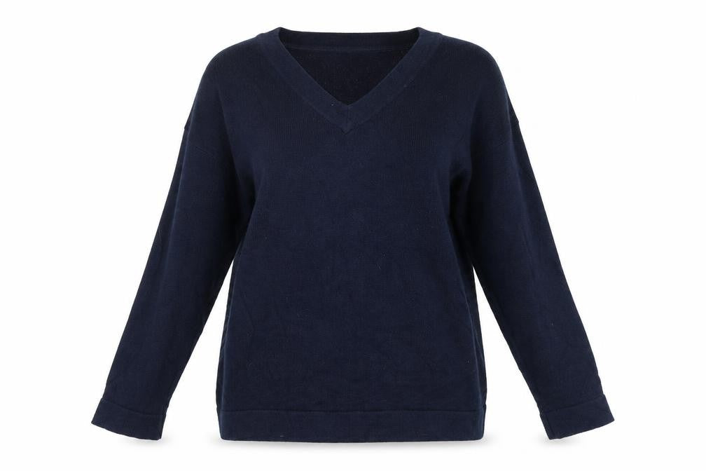 Front view of Meraki women’s blue v-neck jumper l long sleeve knit