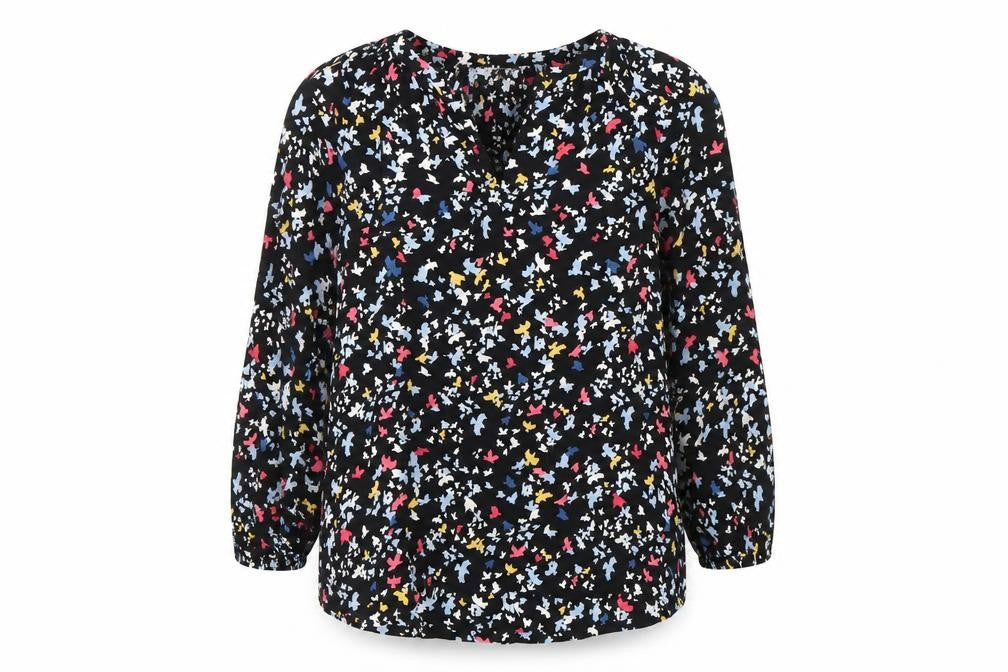 Front view of John Lewis Women’s Multicoloured Bird Print Viscose Blouse, size UK 8