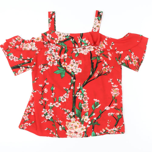 Quiz Womens Red Floral Cold Shoulder Ruffle Blouse Size 10