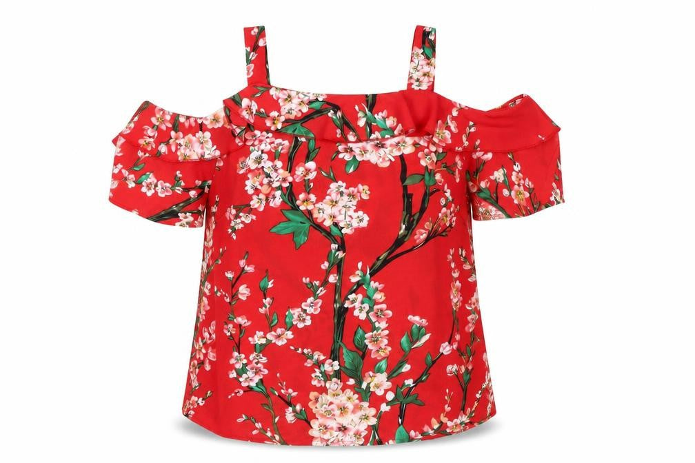 Front view of Quiz women’s red floral cold shoulder ruffle blouse, size UK 10