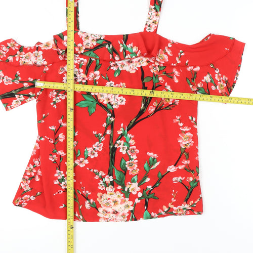 Quiz Womens Red Floral Cold Shoulder Ruffle Blouse Size 10