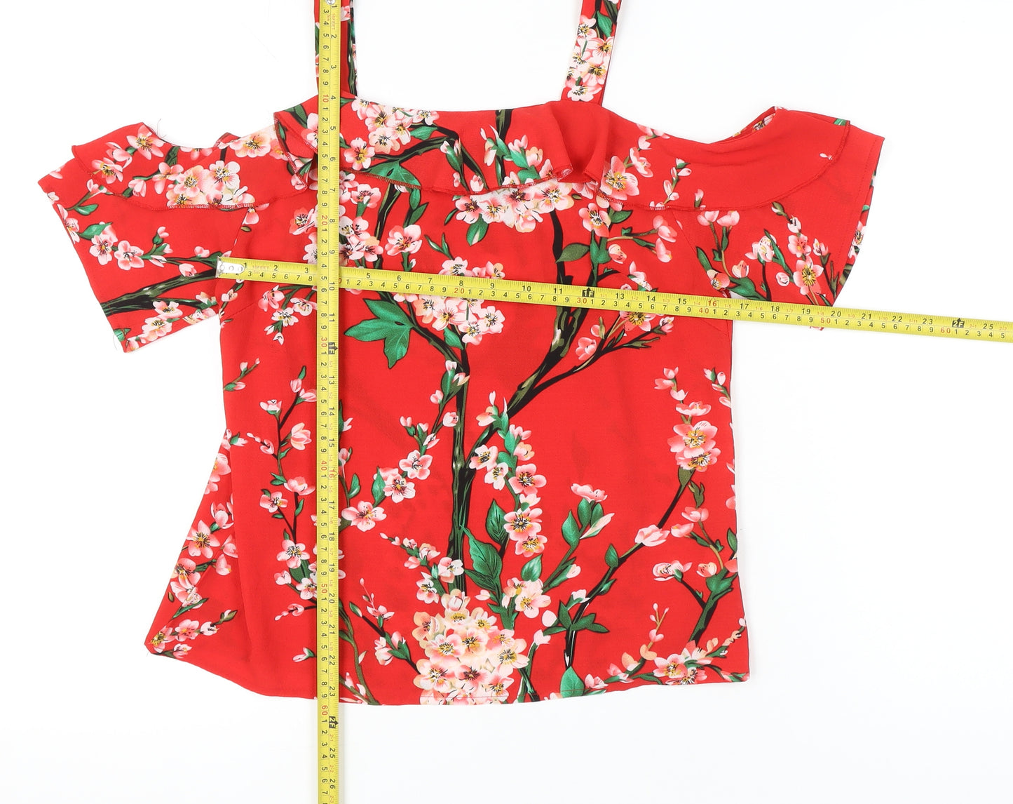 Quiz Womens Red Floral Cold Shoulder Ruffle Blouse Size 10