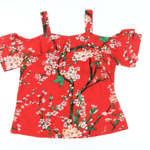 Quiz Womens Red Floral Cold Shoulder Ruffle Blouse Size 10