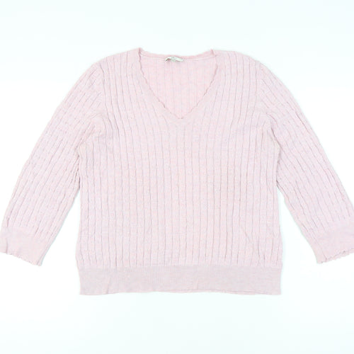 CC Womens Pink V-Neck Cable-Knit Cotton Blend Jumper L