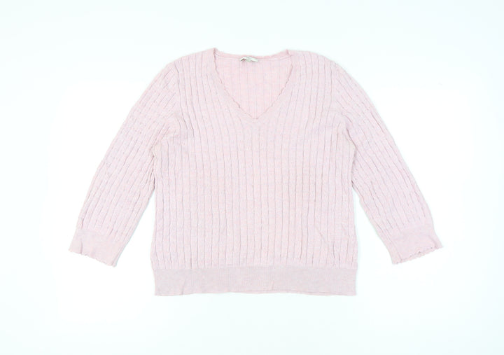 CC Womens Pink V-Neck Cable-Knit Cotton Blend Jumper L