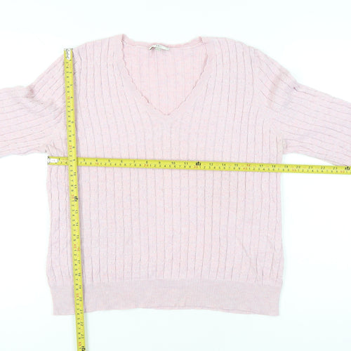 CC Womens Pink V-Neck Cable-Knit Cotton Blend Jumper L