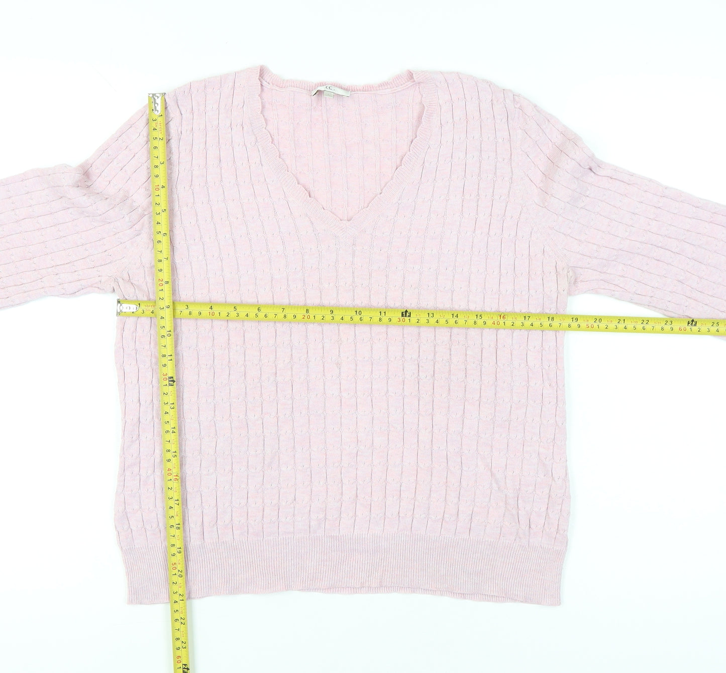 CC Womens Pink V-Neck Cable-Knit Cotton Blend Jumper L