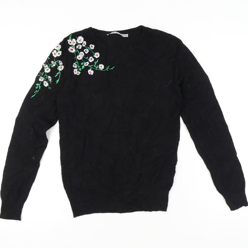 Oasis Womens Black Floral Embroidered Pullover Jumper Size S