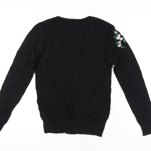 Oasis Womens Black Floral Embroidered Pullover Jumper Size S