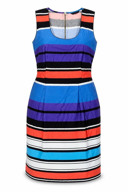 Front view of Dunnes Women’s Multicoloured Stripe Cotton Sheath Dress, size UK 14, Scoop Neck
