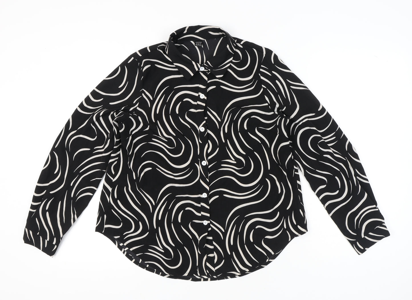 Droimp Womens Black Geometric Button-Up Shirt Size 12 Long Sleeve