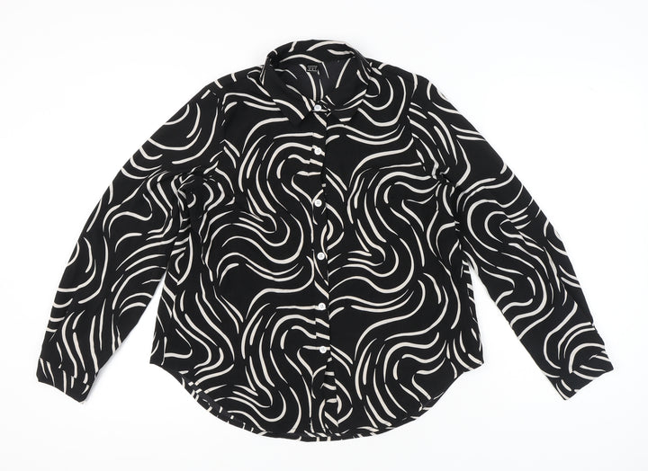 Droimp Womens Black Geometric Button-Up Shirt Size 12 Long Sleeve