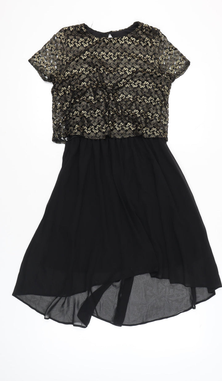 River Island Women’s Black Gold Hi-Low Fit & Flare Dress Size 10