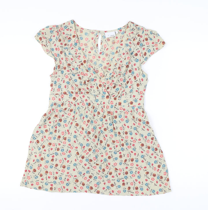 Next Women Beige Floral Tunic Blouse Size 12 Short Sleeve Viscose