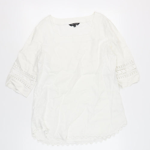 Ellen Reyes Women’s White Cotton Tunic Blouse M Boho Crochet 3/4 Sleeve